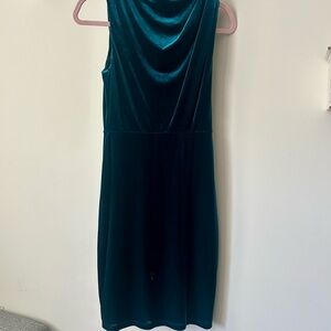 Black Halo Teal Velvet Midi Dress with Draped Neckline